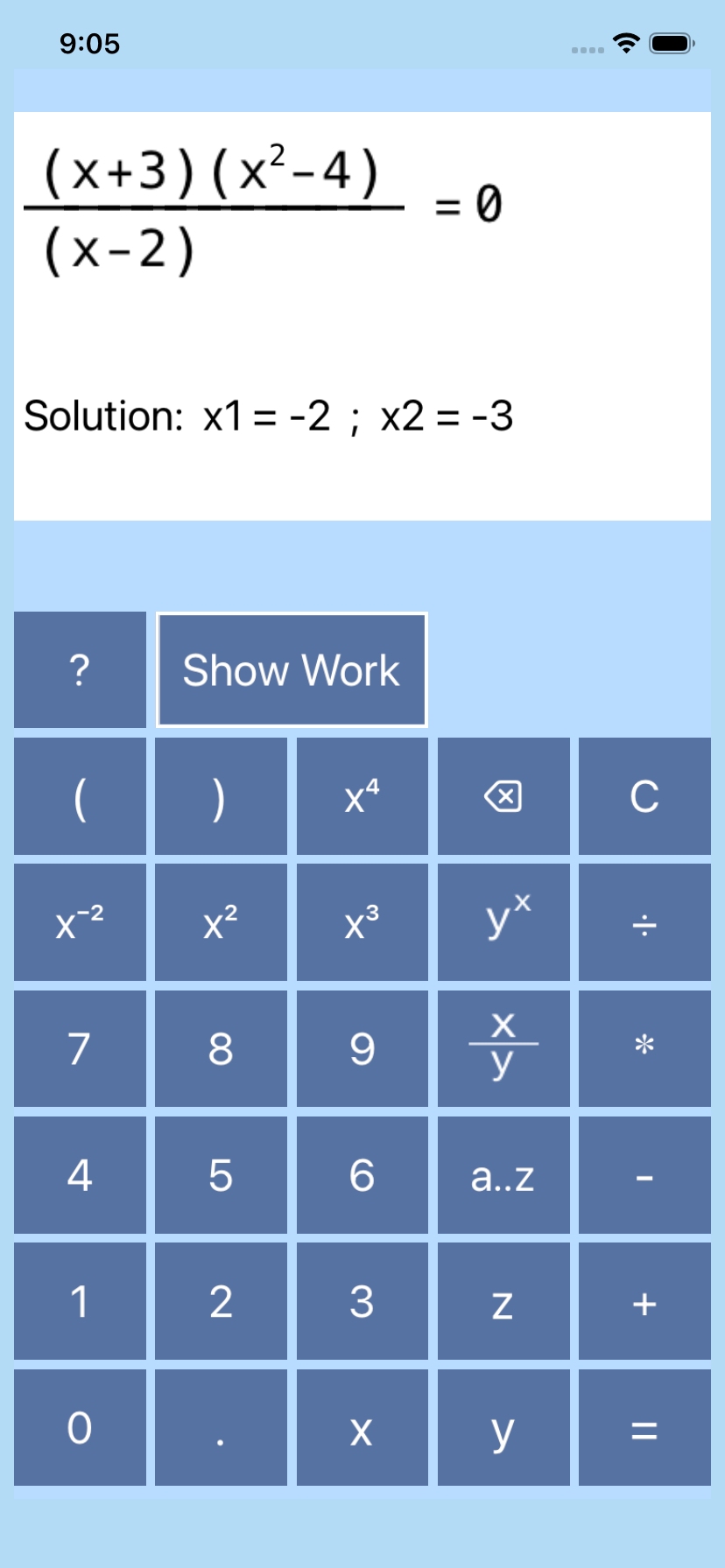 Equation & Expression Solver showing a factored fraction equation