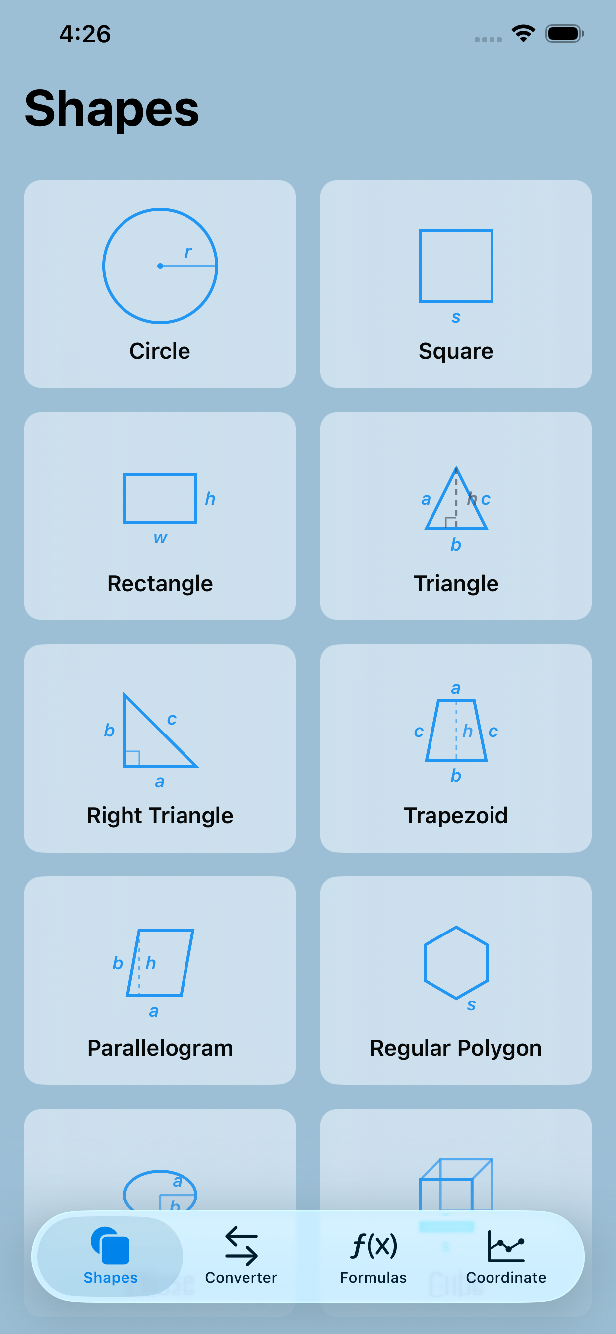 Geometry & Formula Calculator showing the Shapes screen